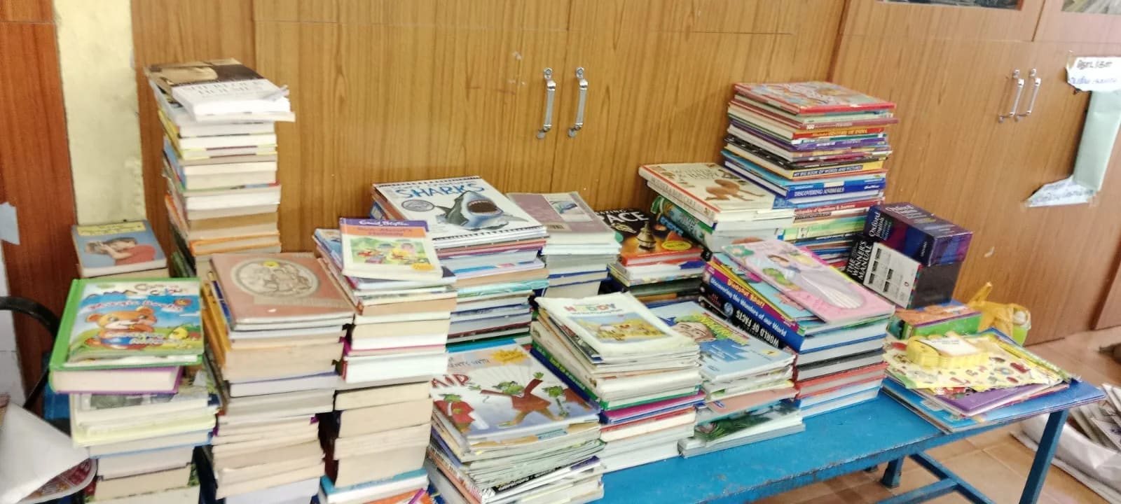 Stacks of donated books cover a library table.